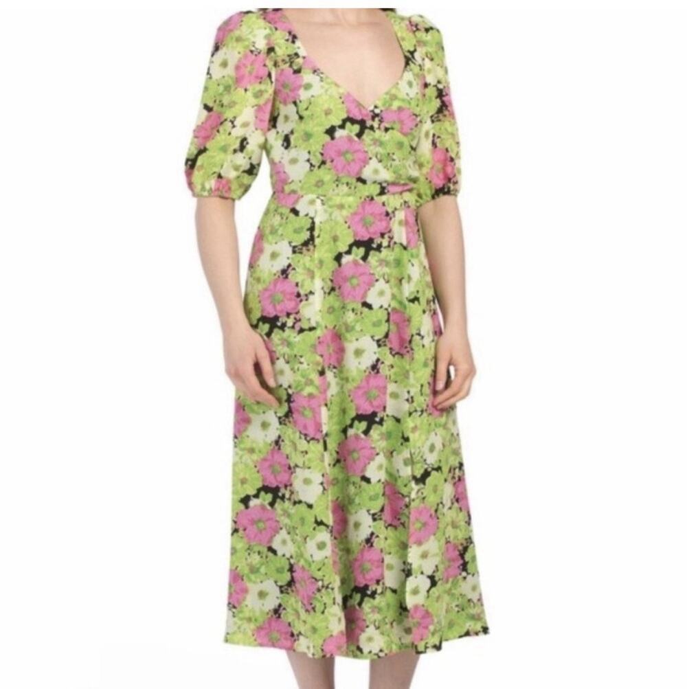 WAYF Floral Surplice Neck Midi Dress Women's Small Neon Green Pink Puff Sleeve